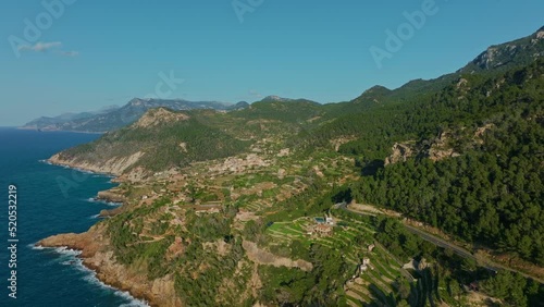 Aerial view of Banyalbufar famous town in Mallorca, Serra de Tramuntana, Spain