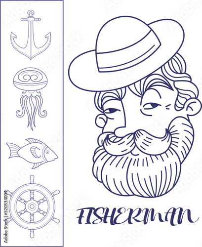 Outline drawing with text. Portrait of a fisherman with attributes. The character in the hat. List of artistic supplies.