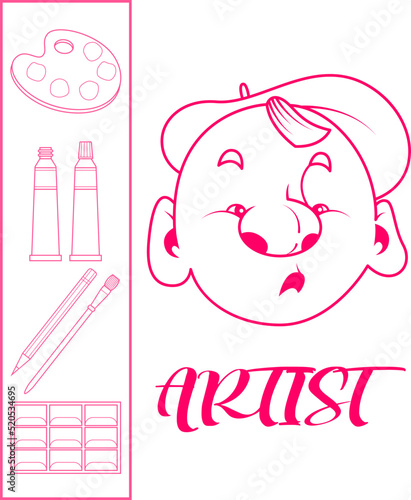 Outline drawing with text. Portrait of the artist with attributes. Character in a beret. List of artistic supplies.