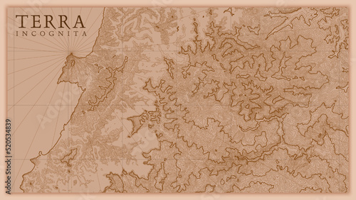Ancient abstract earth relief old map. Generated conceptual vector elevation map of fantasy landscape.