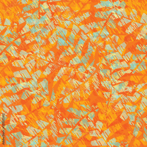 Abstract painterly scribble style leaves tropical seamless vector pattern background. Faux batique effect with overlapping layered scribbled foliage in orange blue. Hand drawn botanical repeat.
