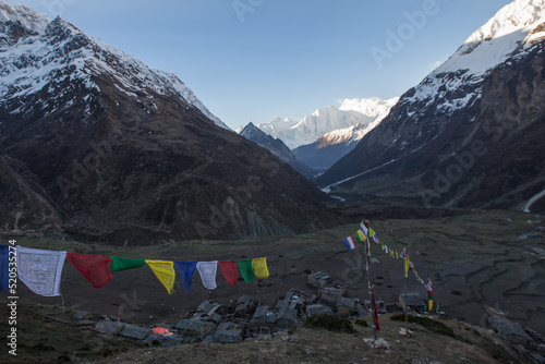 Panorama of the valley and mountains in the Manaslu region in the Himalayas at sunrise