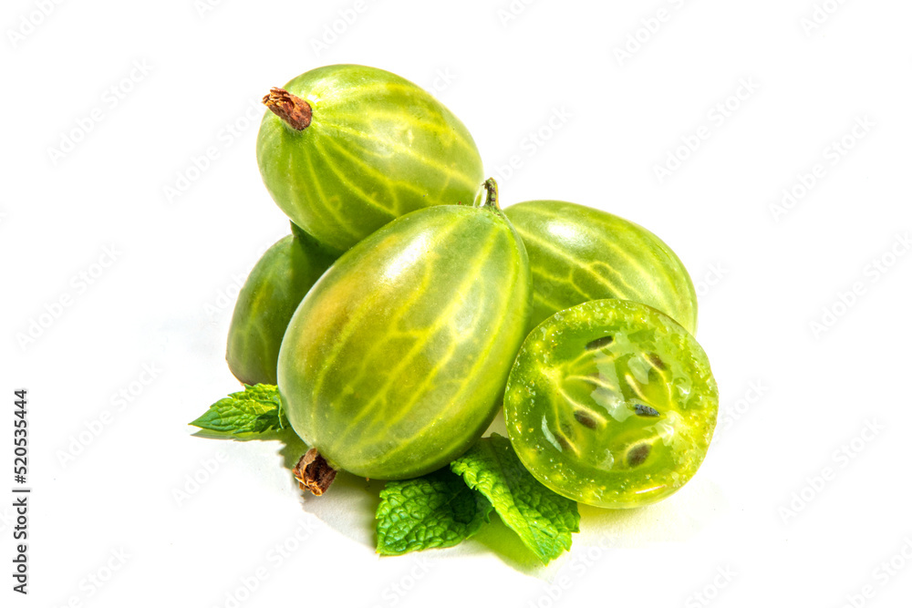 Gooseberry with leaf isolated on white. Gooseberry with leaf isolated on white.