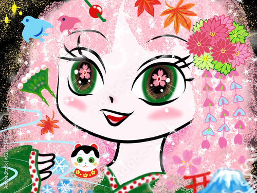 和風モチーフが大好きなピンクヘアーの女の子のイメージイラスト