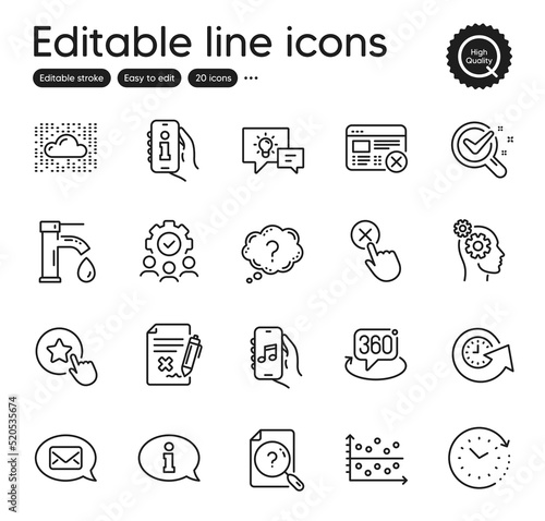 Fototapeta Naklejka Na Ścianę i Meble -  Set of Technology outline icons. Contains icons as Music app, Dot plot and Teamwork elements. Reject click, Reject web, 360 degree web signs. Question mark, Idea lamp, Search document elements. Vector