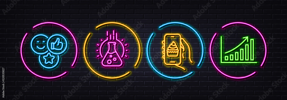 Food app, Chemistry lab and Like minimal line icons. Neon laser 3d lights. Graph chart icons. For web, application, printing. Smartphone cake, Laboratory, Social media likes. Growth report. Vector Food app, Chemistry lab and Like minimal line icons. Neon laser 3d lights. Graph chart icons. For web, application, printing. Smartphone cake, Laboratory, Social media likes. Growth report. Vector