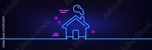 Neon light glow effect. Home line icon. House sign. Building or Homepage symbol. 3d line neon glow icon. Brick wall banner. Home outline. Vector