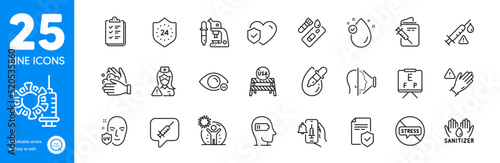Outline icons set. Microscope, 24 hours and Vaccine attention icons. Covid test, Vaccine announcement, Face id web elements. Insurance policy, Nurse, Life insurance signs. Vector