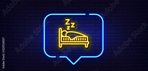 Neon light speech bubble. Sleep line icon. Night rest bed sign. Human bedtime symbol. Neon light background. Sleep glow line. Brick wall banner. Vector