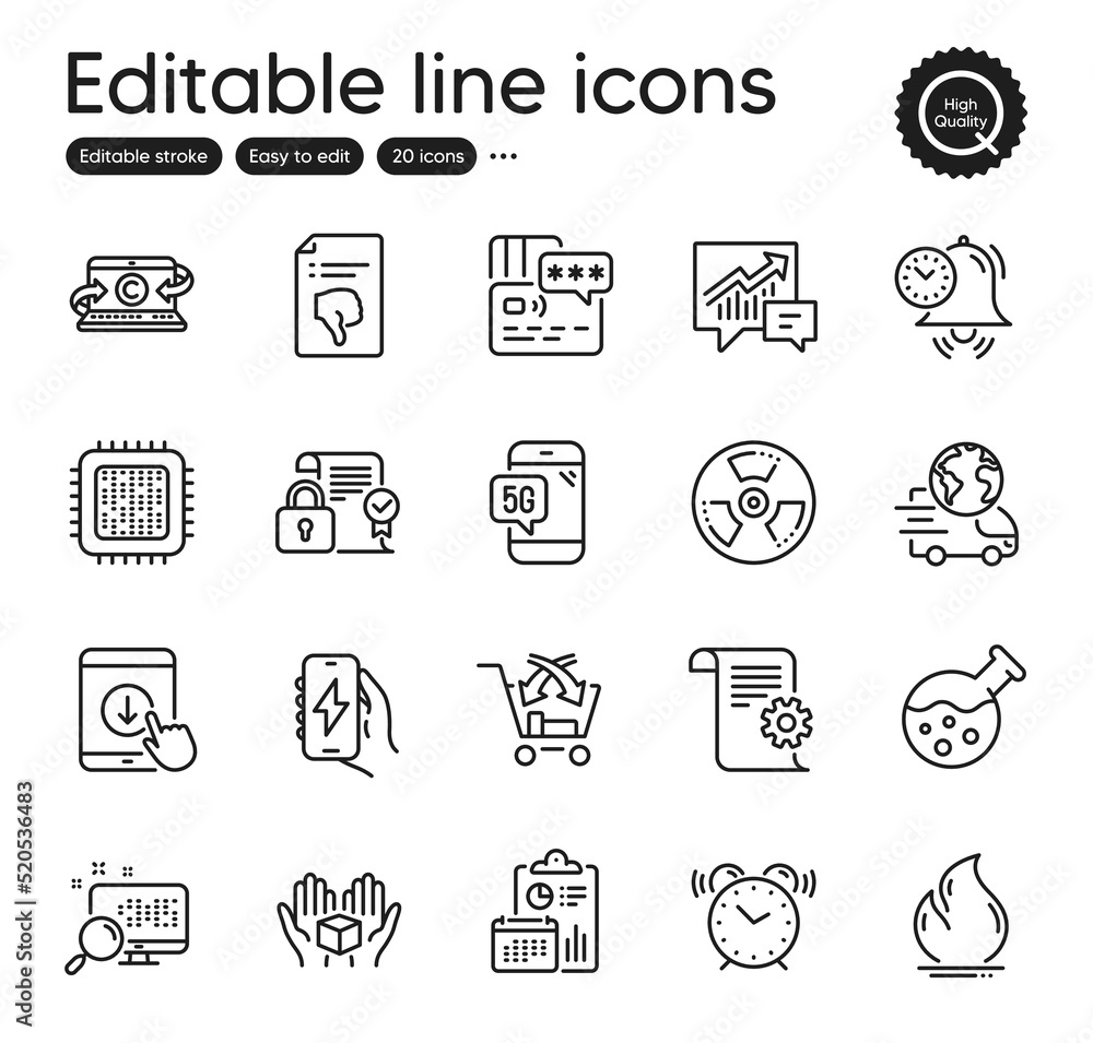 Set of Technology outline icons. Contains icons as Charging app, Technical documentation and Cross sell elements. Thumb down, Search, Security contract web signs. Card, Hold box. Vector