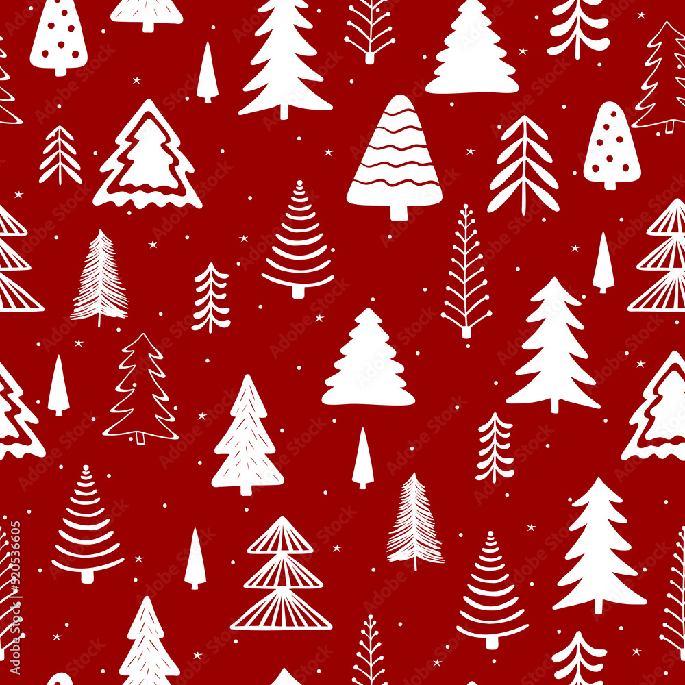 Obraz premium Seamless pattern with stylized Christmas trees on red background.
