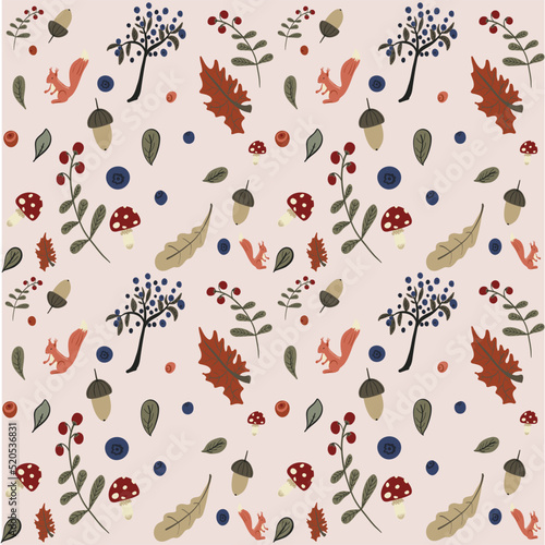 Autumn forrest pattern with oaks squirrel blueberries 