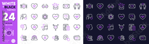 Social media, Hold heart and Friends couple line icons for website, printing. Collection of Genders, Kiss me, Lgbt icons. True love, Say yes, Valentine web elements. Heart, Love music. Vector