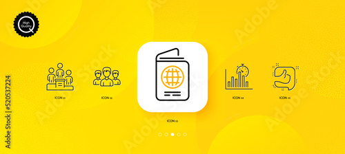 Group, Report timer and Passport minimal line icons. Yellow abstract background. Business podium, Like icons. For web, application, printing. Group of people, Growth chart, Id document. Vector