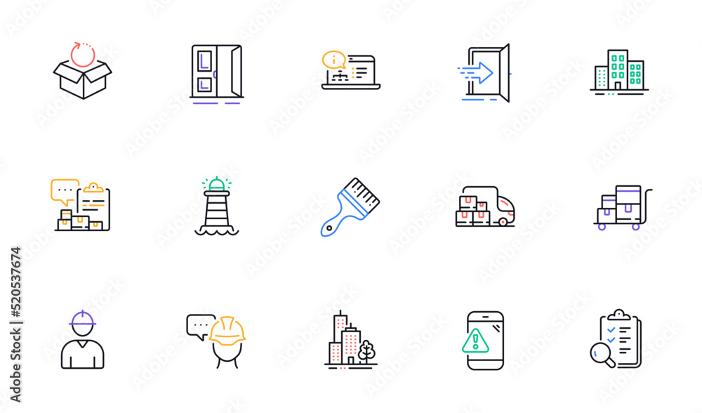 Entrance, Inspect and Lighthouse line icons for website, printing. Collection of Brush, Open door, Delivery truck icons. Online documentation, Inventory cart, Buildings web elements. Vector