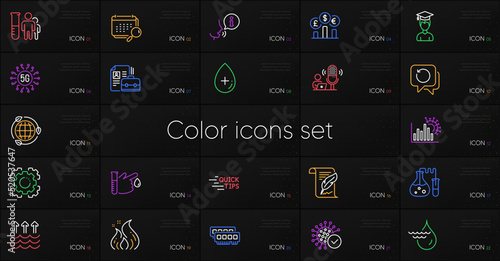 Set of Hydroelectricity, Recovery data and Eco energy line icons. Include Oil serum, Calendar, Blood donation icons. 5g technology, Fire energy, Medical analyzes web elements. Education. Vector