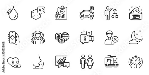 Outline set of Health app, Hydroelectricity and Skin cream line icons for web application. Talk, information, delivery truck outline icon. Include World money, Group, Parking icons. Vector