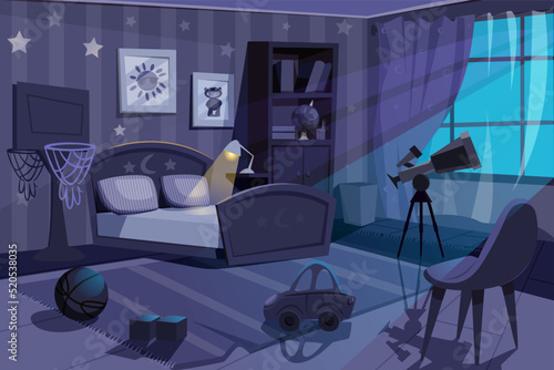 Cartoon empty kid boy bedroom at night. Dark room interior with chair, bed with pillows, bookshelf, window and glowing lamp. Child home place indoor with basketball hoop, telescope and toys on carpet.