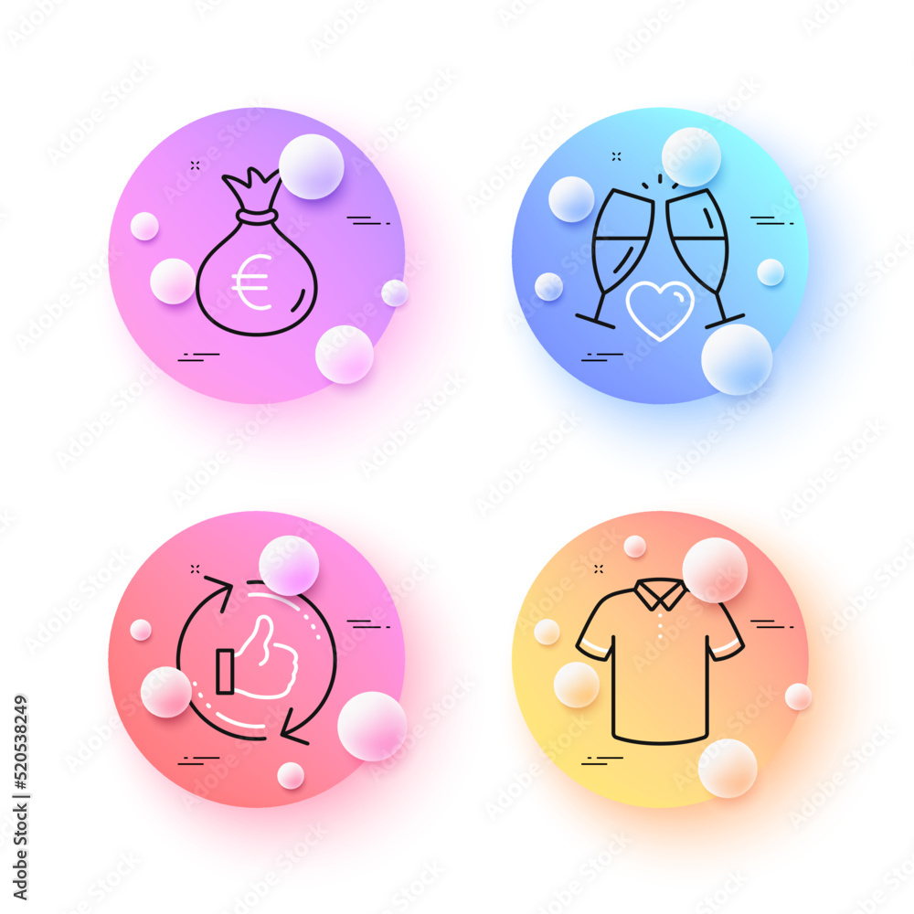 Money bag, Wedding glasses and T-shirt minimal line icons. 3d spheres or balls buttons. Refresh like icons. For web, application, printing. Euro currency, Love champagne, Short sleeves shirt. Vector Money bag, Wedding glasses and T-shirt minimal line icons. 3d spheres or balls buttons. Refresh like icons. For web, application, printing. Euro currency, Love champagne, Short sleeves shirt. Vector