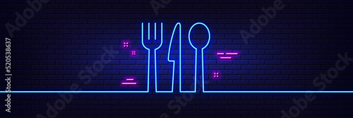 Neon light glow effect. Food line icon. Cutlery sign. Fork, knife, spoon symbol. 3d line neon glow icon. Brick wall banner. Food outline. Vector
