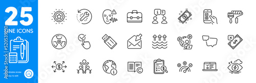 Outline icons set. Stress, Accounting report and Correct answer icons. Chemical hazard, Open mail, Speech bubble web elements. Copyright, Rejected payment, Checkbox signs. Winner star. Vector