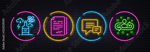 Comment, Alcohol addiction and Document signature minimal line icons. Neon laser 3d lights. Recruitment icons. For web, application, printing. Talk bubbles, Confused mind, Agreement file. Vector