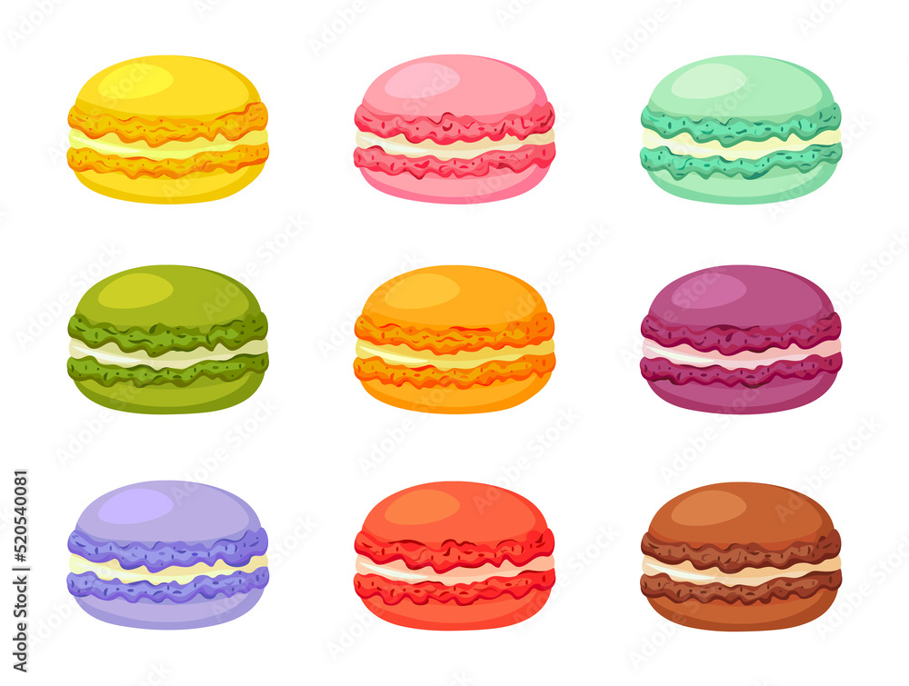 Set of nine tasty macaroons isolated on a white background. Vector set of sweet macaroons cookies in different colors. French macaroons cookies. Vector illustration Set of nine tasty macaroons isolated on a white background. Vector set of sweet macaroons cookies in different colors. French macaroons cookies. Vector illustration