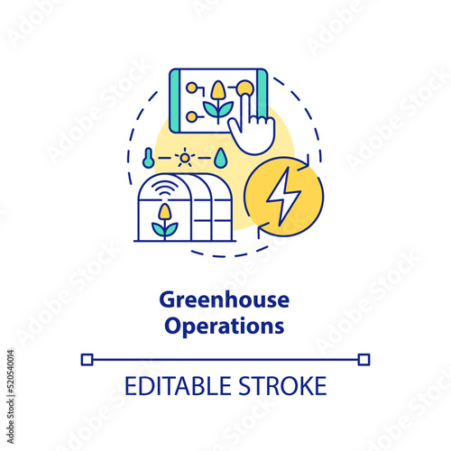 Greenhouse operations concept icon. Automated system. Farm energy efficiency abstract idea thin line illustration. Isolated outline drawing. Editable stroke. Arial, Myriad Pro-Bold fonts used