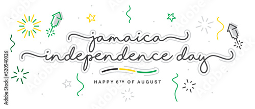 Jamaica independence day handwritten lettering typography calligraphy with stars, firework, confetti, and abstract Jamaica flag ribbon isolated on white background
