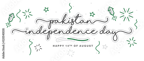 Pakistan independence day handwritten lettering typography calligraphy with stars, firework, confetti, and abstract Pakistan flag ribbon isolated on white background