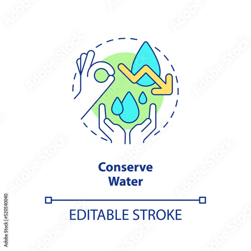 Conserve water concept icon. Reduce consumption. Energy efficiency at home abstract idea thin line illustration. Isolated outline drawing. Editable stroke. Arial, Myriad Pro-Bold fonts used