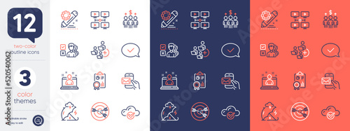 Set of Messenger mail, Approved message and Meeting line icons. Include Stress protection, Cloud computing, Best manager icons. Inspect, Project edit, Video conference web elements. Vector