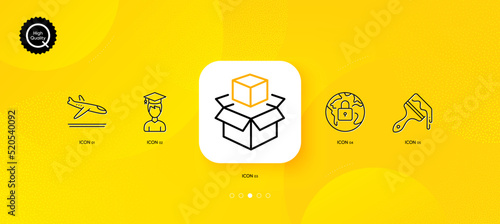 Arrivals plane, Lock and Brush minimal line icons. Yellow abstract background. Packing boxes, Student icons. For web, application, printing. Airport transport, Web protection, Art brush. Vector