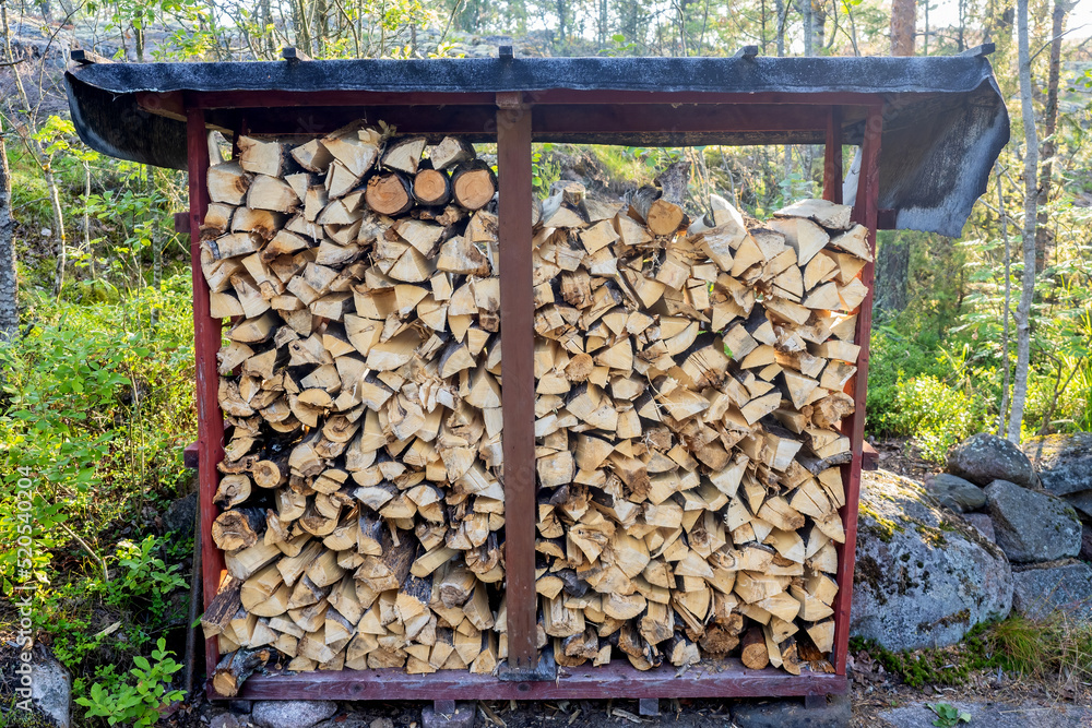 Canopy with firewood. Chopped firewood under canopy to protect from