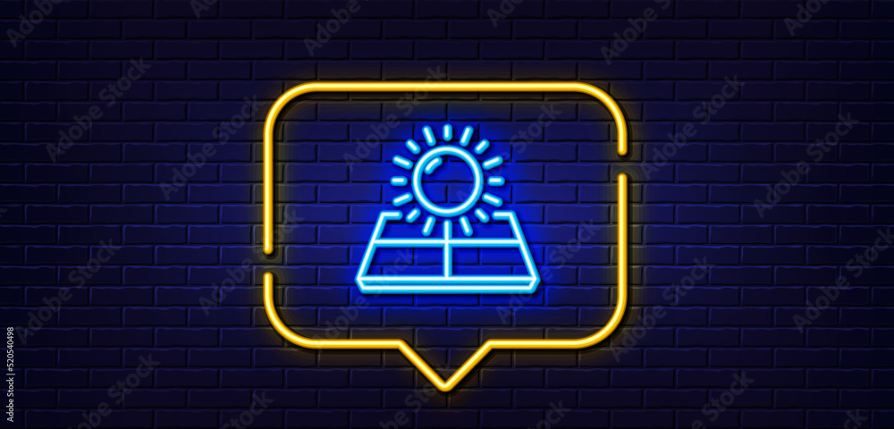 Neon light speech bubble. Sun energy line icon. Solar panels sign. Ecology power symbol. Neon light background. Sun energy glow line. Brick wall banner. Vector Neon light speech bubble. Sun energy line icon. Solar panels sign. Ecology power symbol. Neon light background. Sun energy glow line. Brick wall banner. Vector