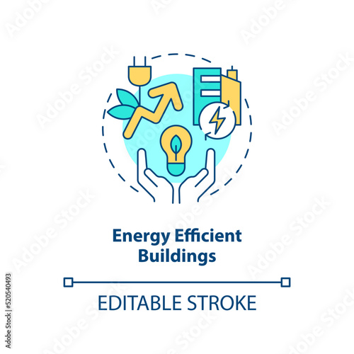 Energy efficient buildings concept icon. Innovative upgrade. Energy efficiency abstract idea thin line illustration. Isolated outline drawing. Editable stroke. Arial, Myriad Pro-Bold fonts used