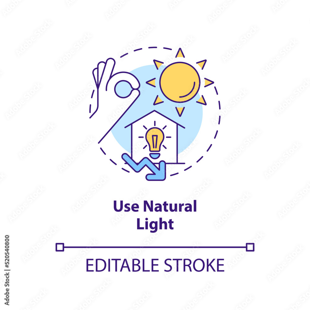 Use natural light concept icon. Switch off lighting. Energy efficiency at work abstract idea thin line illustration. Isolated outline drawing. Editable stroke. Arial, Myriad Pro-Bold fonts used