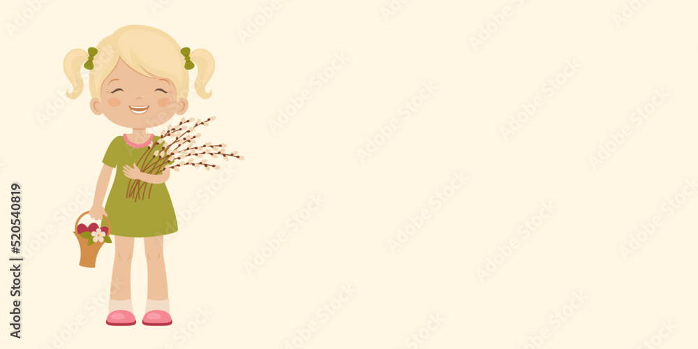 Easter banner template with a happy child holding a basket of Easter eggs. Happy festive kid. Horizontal poster design.