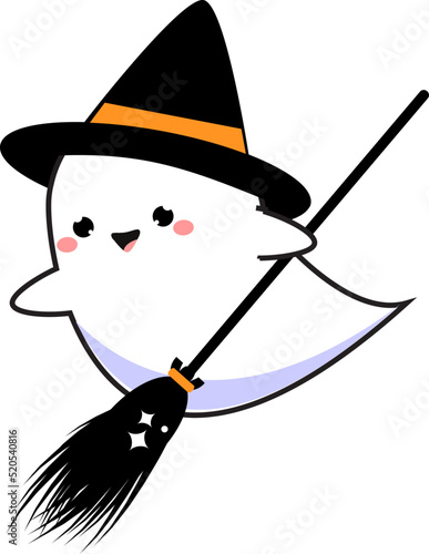 Cute Halloween ghost in hat. Adorable character in kawaii style for seasonal celebration design. isolated vector clip art