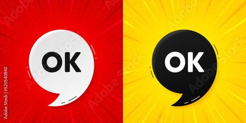 OK text tag. Flash offer banner with quote. Approved okay message. Done or Good deal symbol. Starburst beam banner. OK speech bubble. Vector
