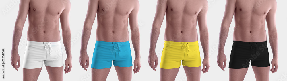 Mockup white; black, yellow, blue swimwear, trunks on bare-chested man, trendy panties for design, front. Mockup white; black, yellow, blue swimwear, trunks on bare-chested man, trendy panties for design, front.