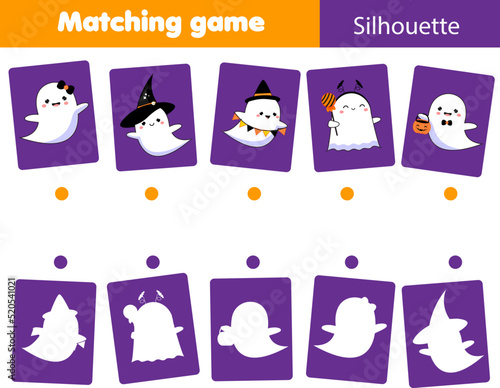 Shadow matching game. Match objects with silhouette. Educational kids activity. Halloween theme fun page for toddlers