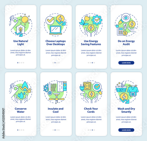 Energy efficiency onboarding mobile app screen set. Home, office tips walkthrough 4 steps editable graphic instructions with linear concepts. UI, UX, GUI template. Myriad Pro-Bold, Regular fonts used