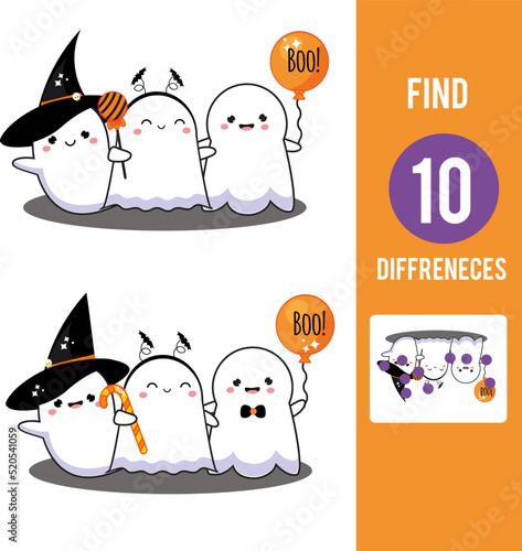 Cute Halloween ghosts. Find the differences educational children game. Kids activity fun page