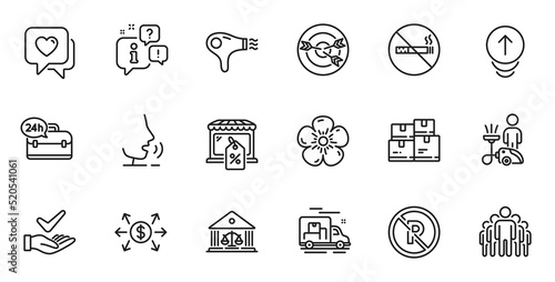 Outline set of Court building, Group and Swipe up line icons for web application. Talk, information, delivery truck outline icon. Include Cleaning, No parking, Hair dryer icons. Vector