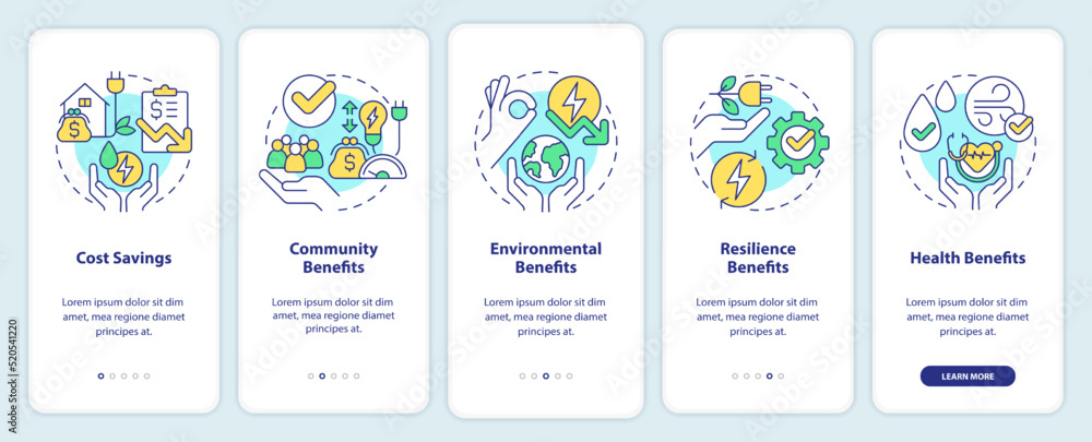 Fototapeta premium Energy efficiency benefits onboarding mobile app screen. Walkthrough 5 steps editable graphic instructions with linear concepts. UI, UX, GUI template. Myriad Pro-Bold, Regular fonts used