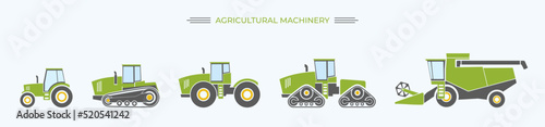 Agriculture and agricultural machinery vehicles flat icons collection set. Harvester, tractor, agrimotor.Agronomy.Farm.Vehicle for field farming work and land  processing. Isolated vector illustration