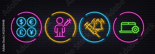 Vaccine announcement, Money currency and People vaccination minimal line icons. Neon laser 3d lights. Notebook service icons. For web, application, printing. Vector