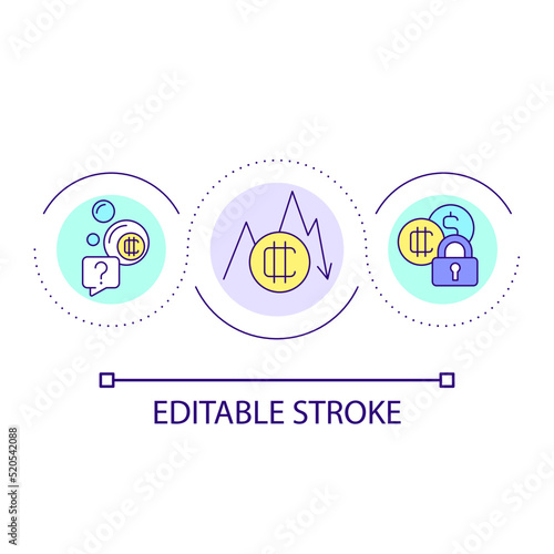Falling of crypto stock exchange loop concept icon. Virtual currency safety. Untruthful funds abstract idea thin line illustration. Isolated outline drawing. Editable stroke. Arial font used