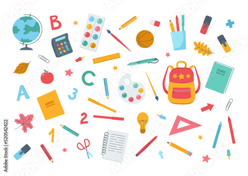 A set of school supplies: backpack, pencils, brushes, paints, ruler, calculator, books, globe. Back to school. A set of icons. Cute colorful vector illustration in a flat cartoon style